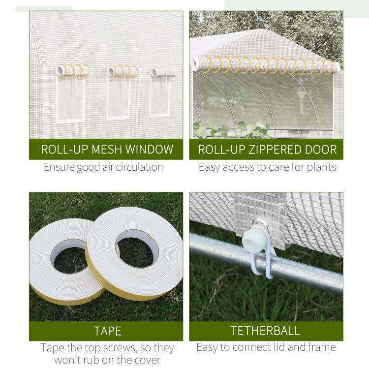 White tunnel greenhouse with roll-up mesh window and roll-up zippered door