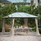 Beige gazebo side curtains installed around an outdoor shelter