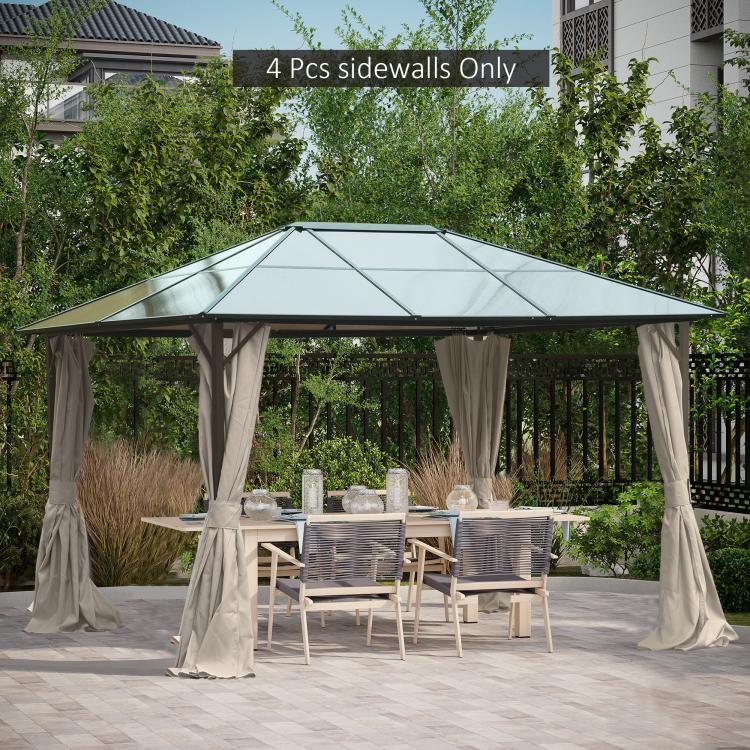 Beige gazebo side curtains installed around an outdoor shelter