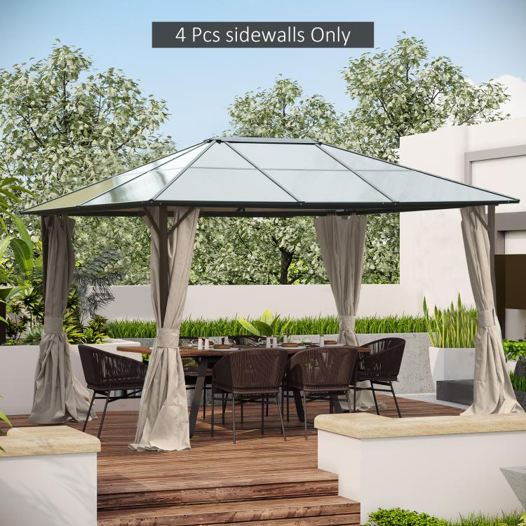 Beige gazebo side curtains with gathered tie details on an outdoor frame