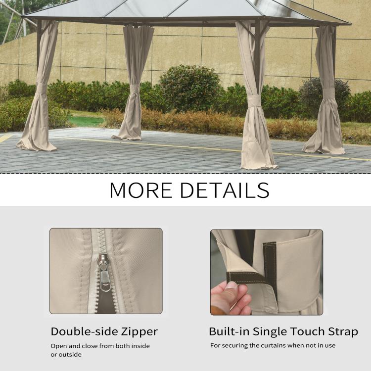 Beige gazebo sidewall curtain with gathered fabric and securing strap