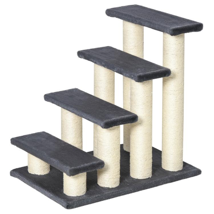 Four-step cat climber with three angled dark platforms and cream sisal-wrapped posts