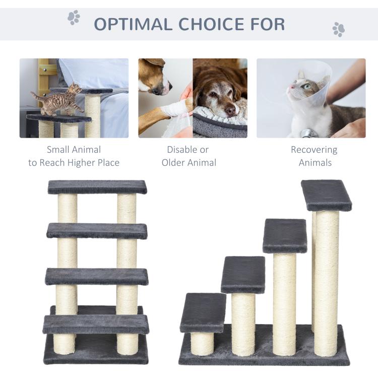 Four-step cat climbing ladder with dark platforms and cream sisal-wrapped columns