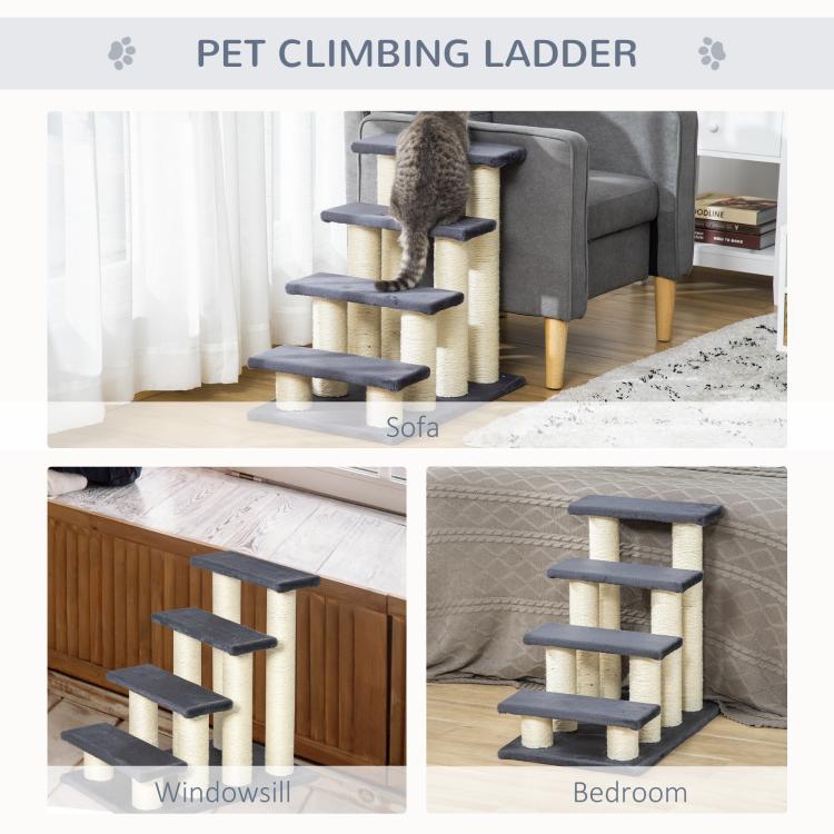 Pet climbing ladder with four dark steps and cream sisal-wrapped posts
