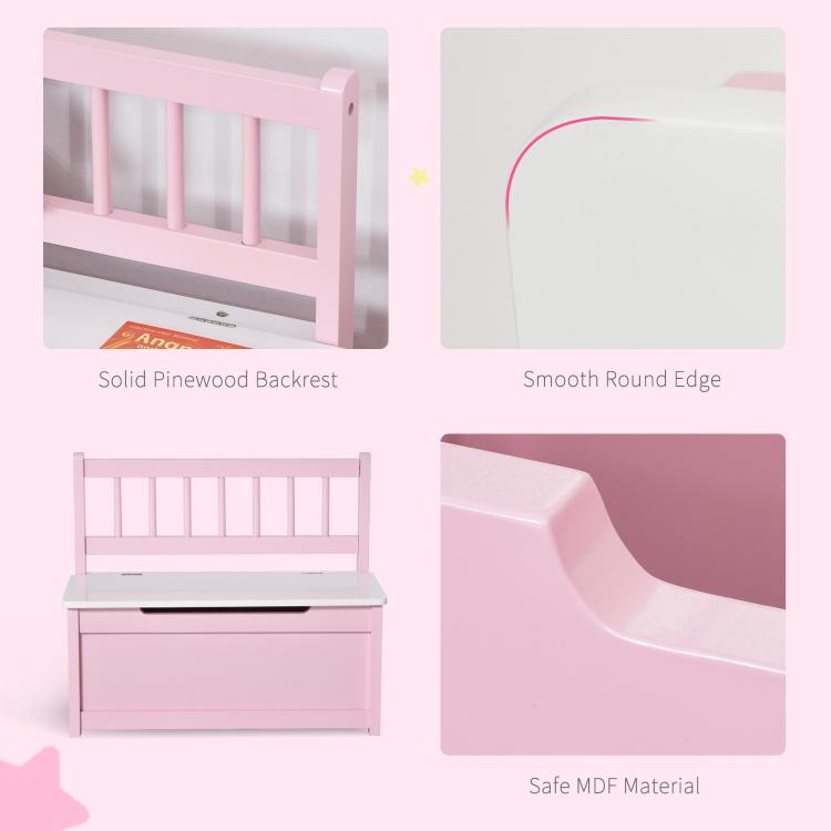 Pink toy storage bench with pine backrest, smooth rounded edges, and MDF body