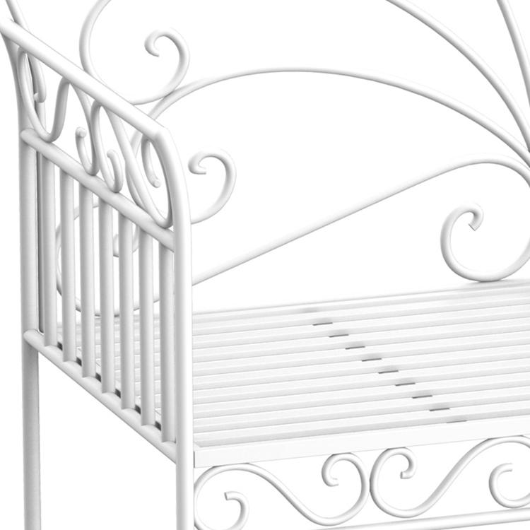 Cream white metal garden bench armrest with scrollwork and slatted seat