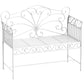 Cream white metal garden bench with armrests, scrollwork back, slatted seat