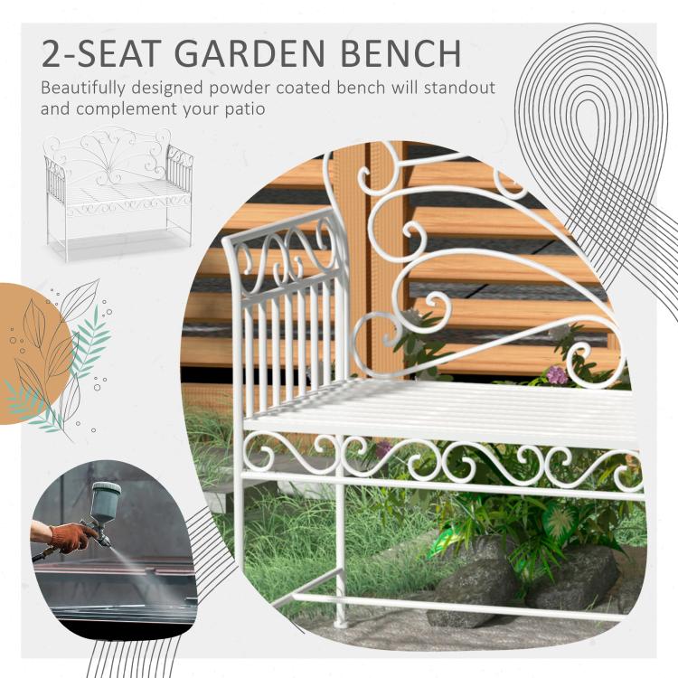 Cream white metal garden bench with slatted seat and decorative scroll arms