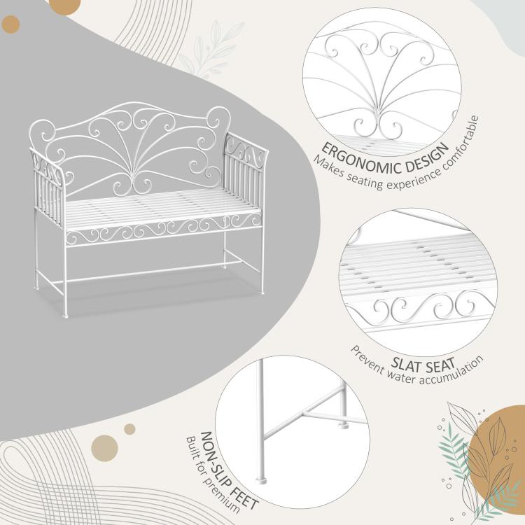 Cream white metal garden bench with slatted seat and decorative scroll back