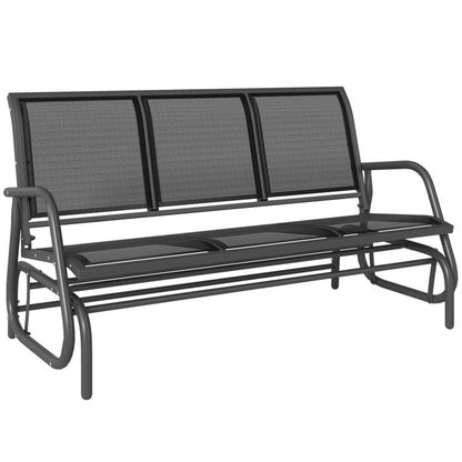 3-seat outdoor glider bench with dark mesh back and black metal frame