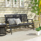 3-seat patio glider bench with black metal frame, dark mesh back, and cushions
