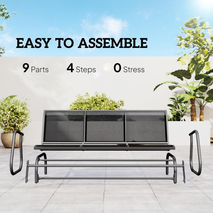 3-seat glider bench with dark mesh back panels and black side rails on patio