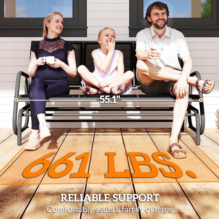 3-seat outdoor glider bench with dark mesh seat and black metal support frame