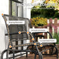Outdoor glider bench with curved seat front, smooth armrests, and mesh backrest