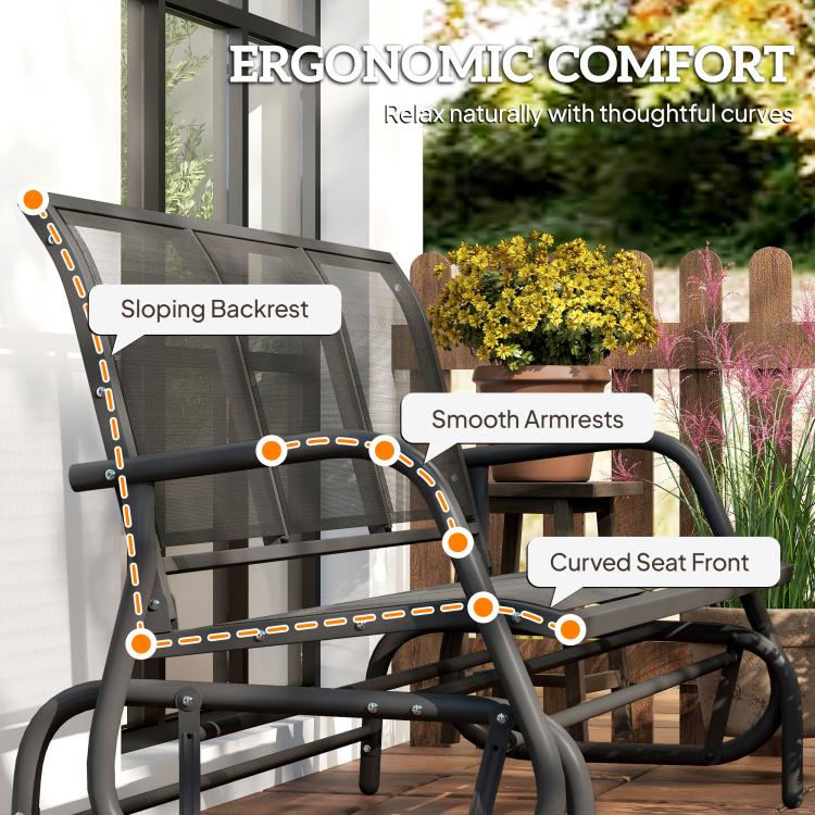 Outdoor glider bench with curved seat front, smooth armrests, and mesh backrest