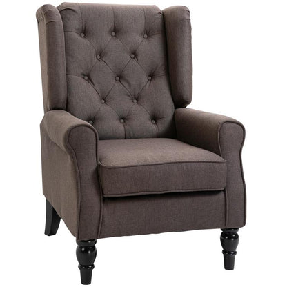 Button-tufted wingback accent chair with rolled arms and dark upholstered seat