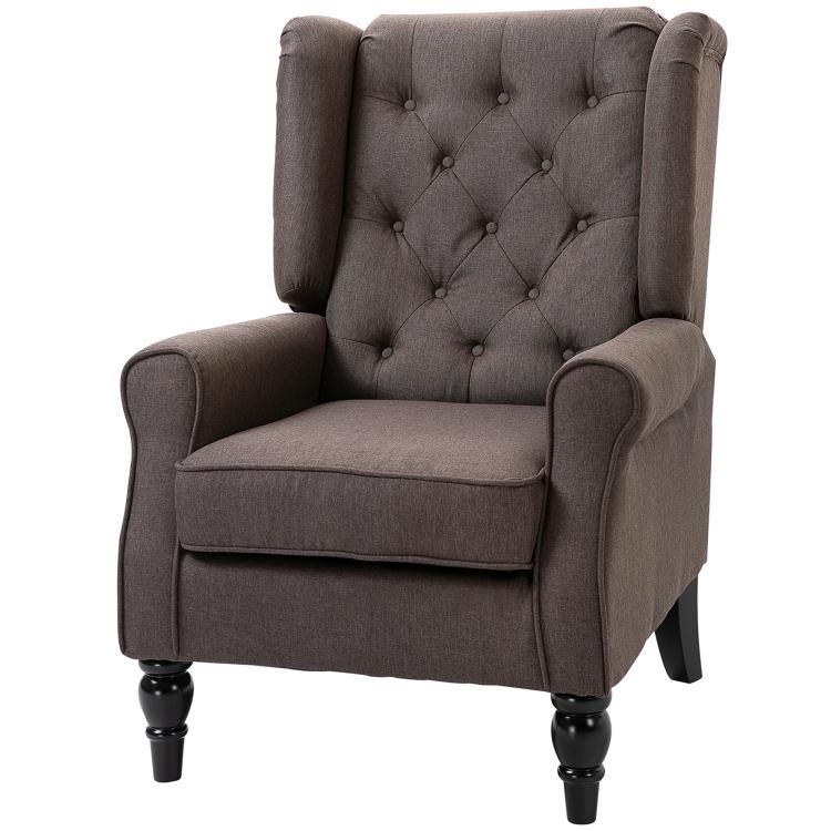 Wingback lounge chair with rounded arms, tufted back, and dark fabric upholstery