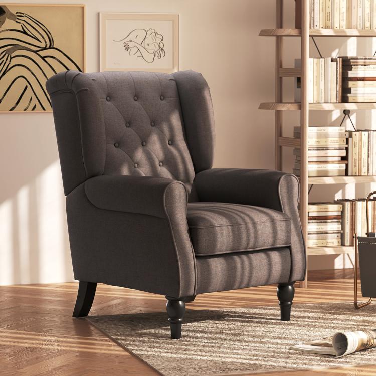 Dark button-tufted wingback chair with rolled armrests and short turned legs