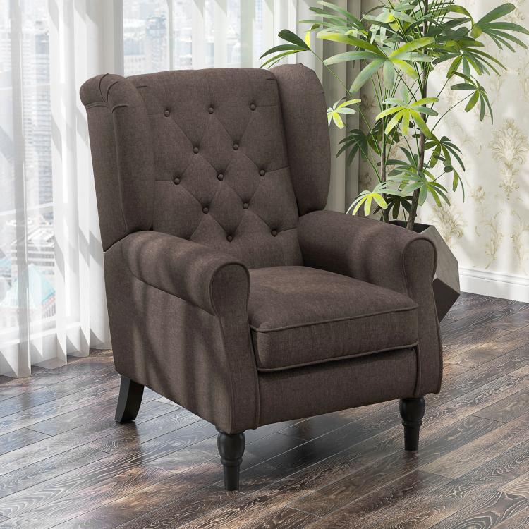 Upholstered wingback accent chair with button tufting, rounded arms, and turned legs