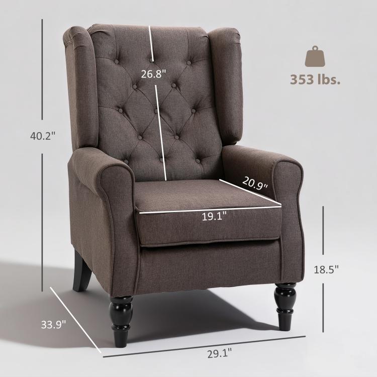 Wingback accent chair with tufted back, rolled arms, and dark fabric upholstery