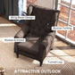 Wingback lounge chair showing button tufting, rolled armrests, and turned legs