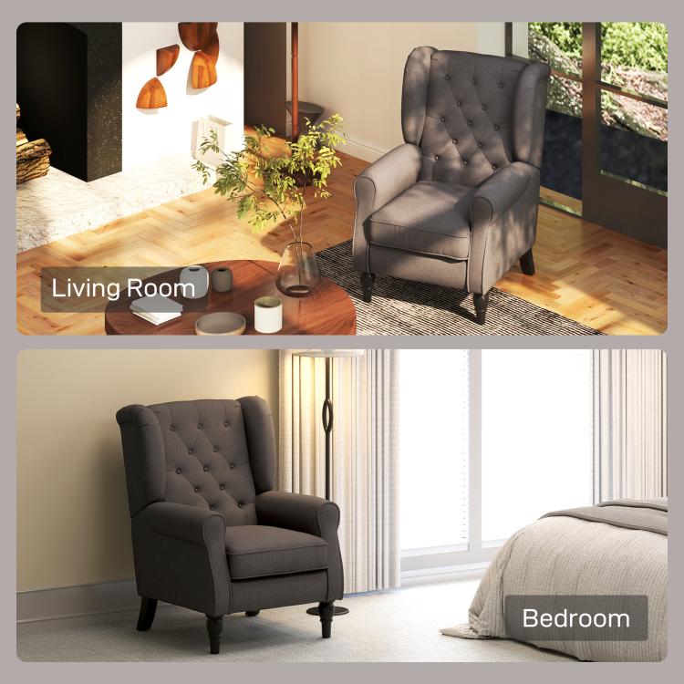 Dark button-tufted wingback chair shown for living room and bedroom use