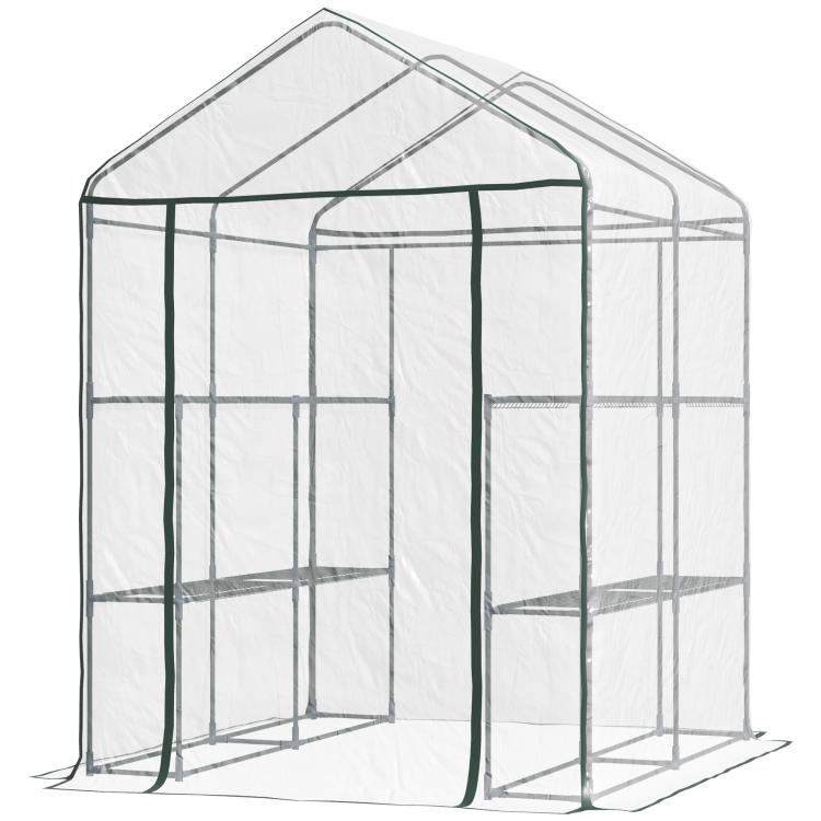 Clear portable walk-in greenhouse tent with green frame and double roll-up front door