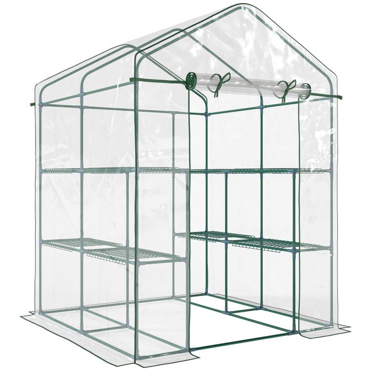 Mini walk-in greenhouse with clear plastic cover and 3-tier metal shelves, roll-up door