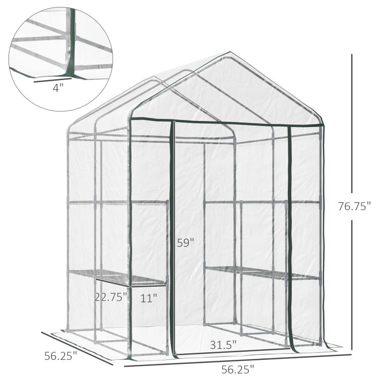 Clear mini walk-in greenhouse kit with green frame and size diagram, roll-up door included