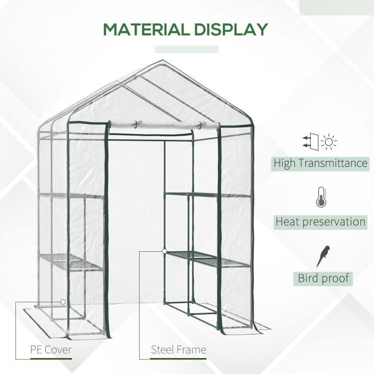 Clear greenhouse tent showing steel frame and PE cover with green roll-up door