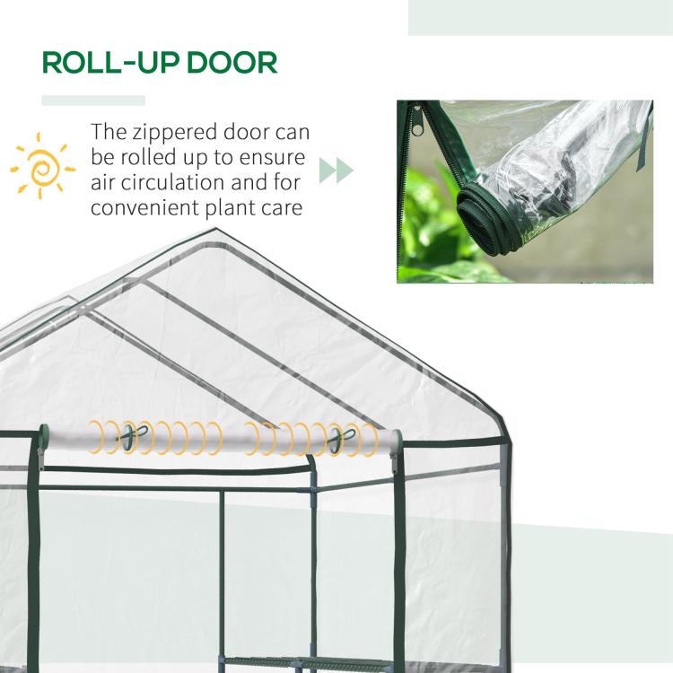 Clear greenhouse with green frame and zip roll-up door for ventilation and plant access