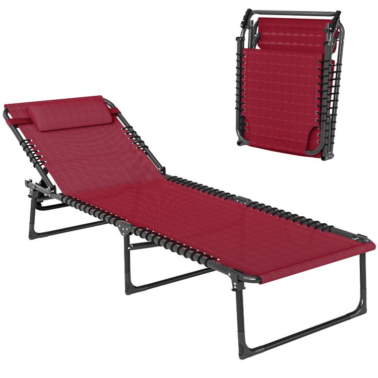 Wine red folding chaise lounge chair with pillow, black metal frame, bungee seat