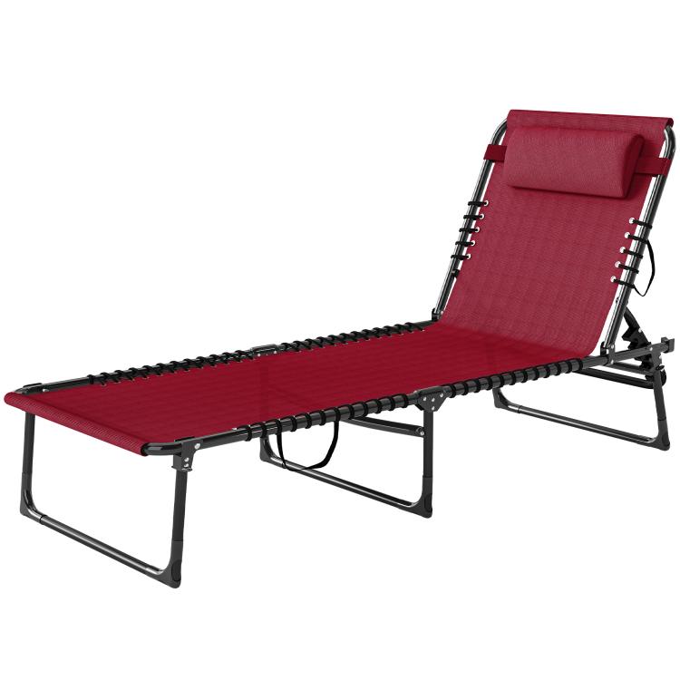 Wine red reclining chaise lounge with padded headrest and black bungee seat