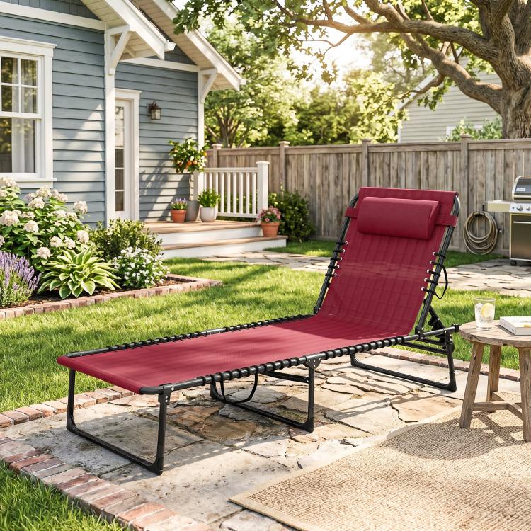 Wine red folding chaise lounge chair with 4-position recline, mesh seat and pillow