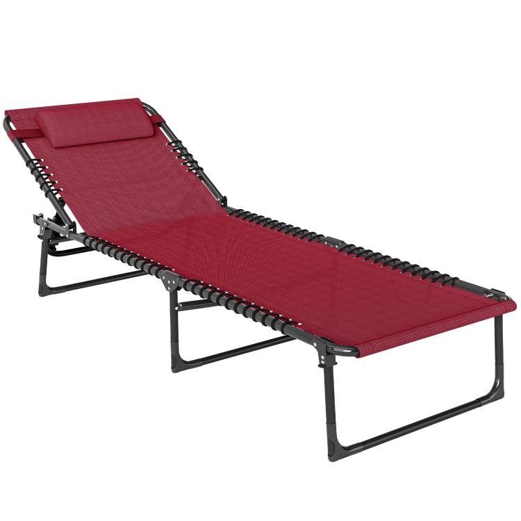Wine red chaise lounge chair with mesh bungee seat and head pillow