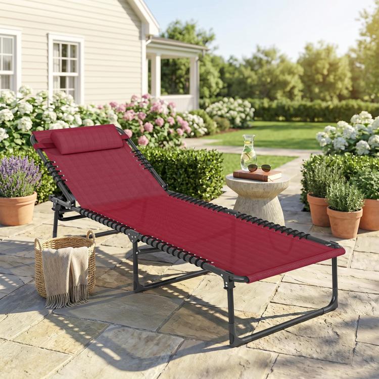 Wine red reclined chaise lounge with pillow and black metal folding frame