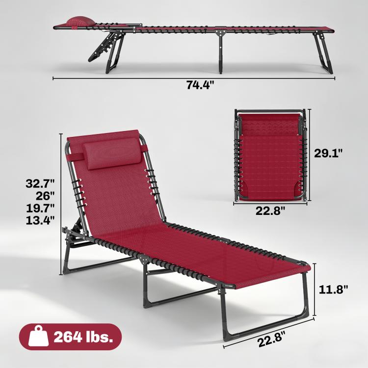 Wine red chaise lounge chair with dimensions, black metal frame and bungee seat