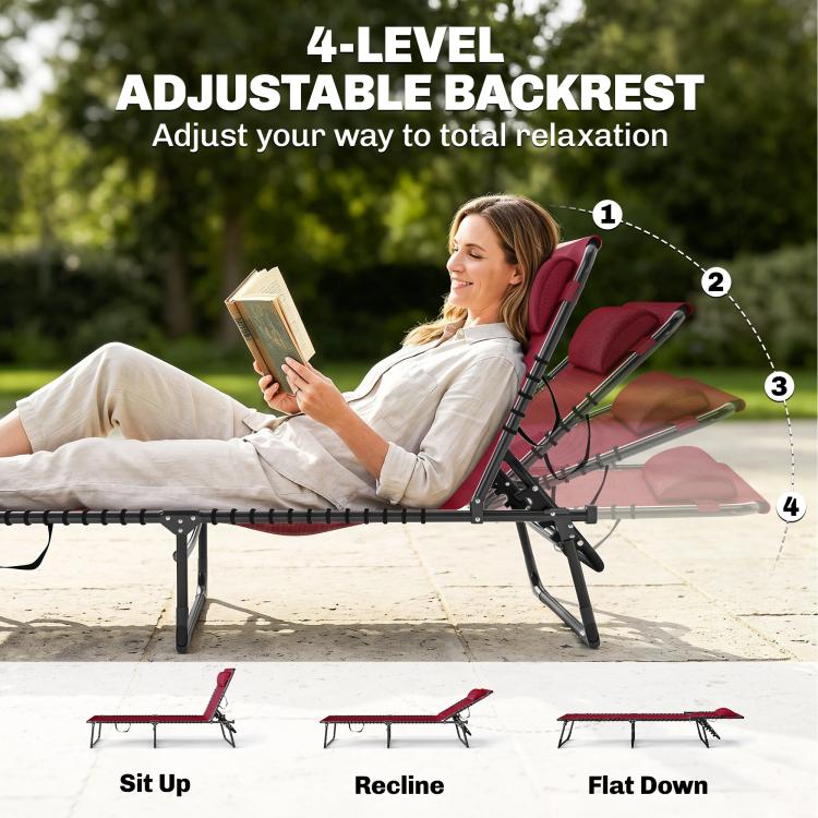 Wine red 4-level adjustable chaise lounge chair with padded headrest and black frame