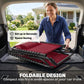 Wine red folding chaise lounge unfolded in trunk, black frame and bungee seat