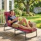 Wine red chaise lounge with black frame, bungee seat, and padded headrest