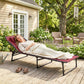Wine red reclining chaise lounge chair with black metal frame and padded headrest