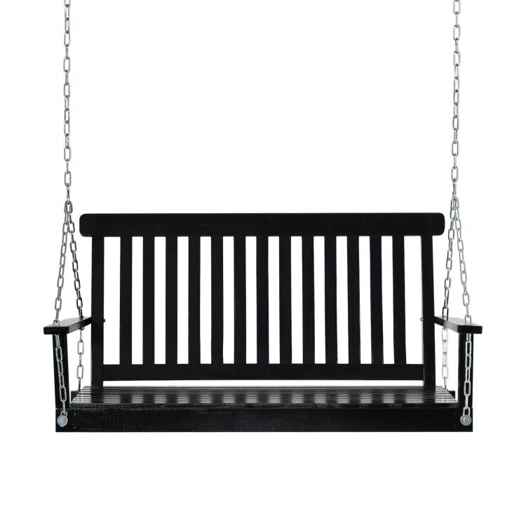 Black hanging porch swing chair with slatted seat and backrest, suspended by chains