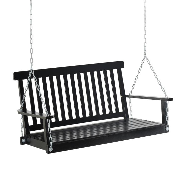 Black hanging porch swing with slatted seat and attached chains
