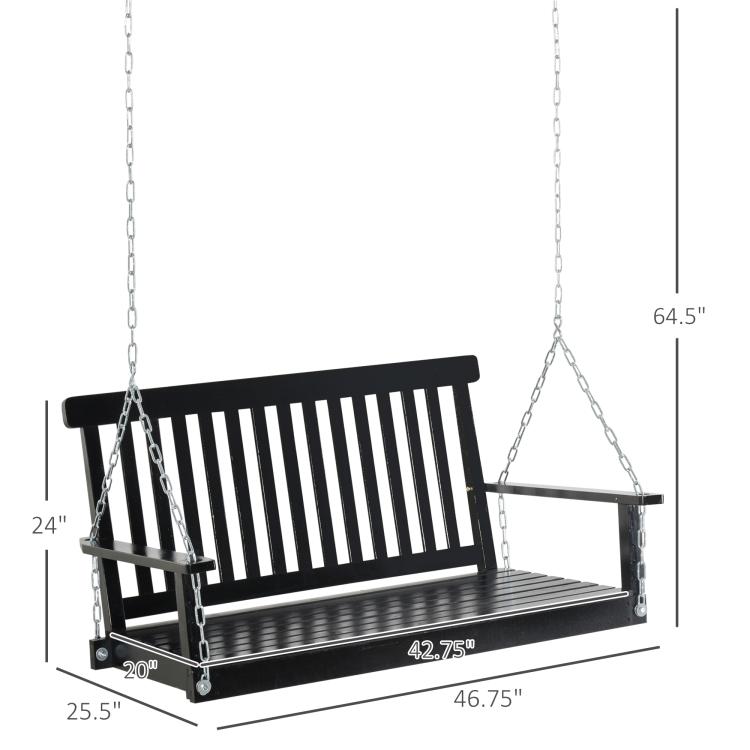 Black hanging porch swing with slatted seat and back, chain-suspended, dimensions shown