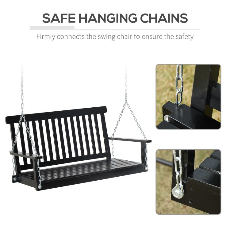 Black hanging porch swing with secure metal chains and slatted seat, safety detail close-up