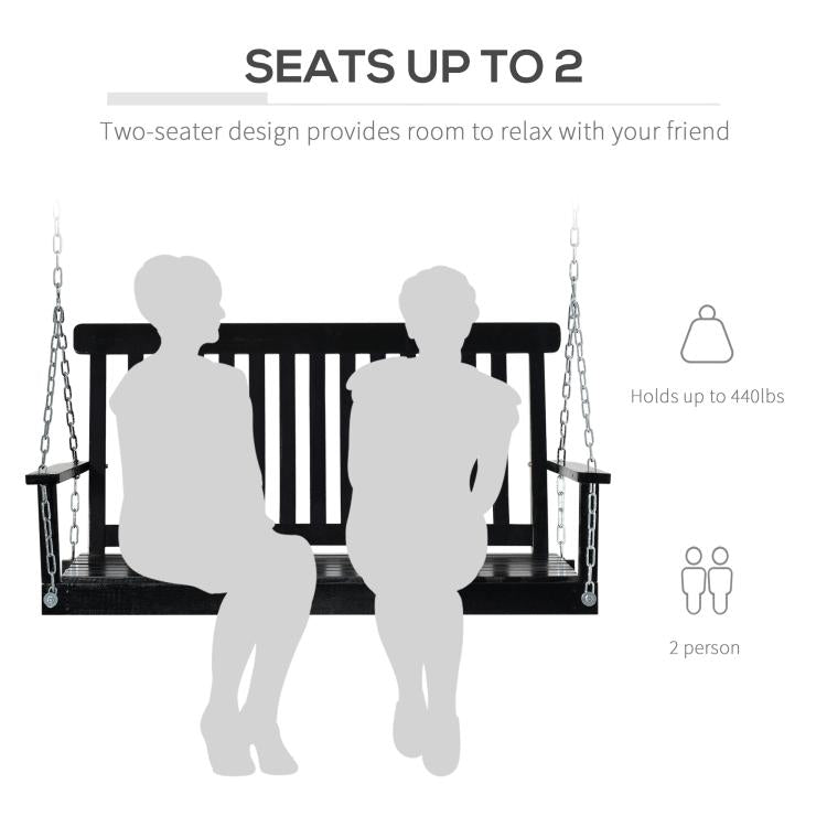 Black 2-seat hanging porch swing, two-person silhouettes with chain suspension