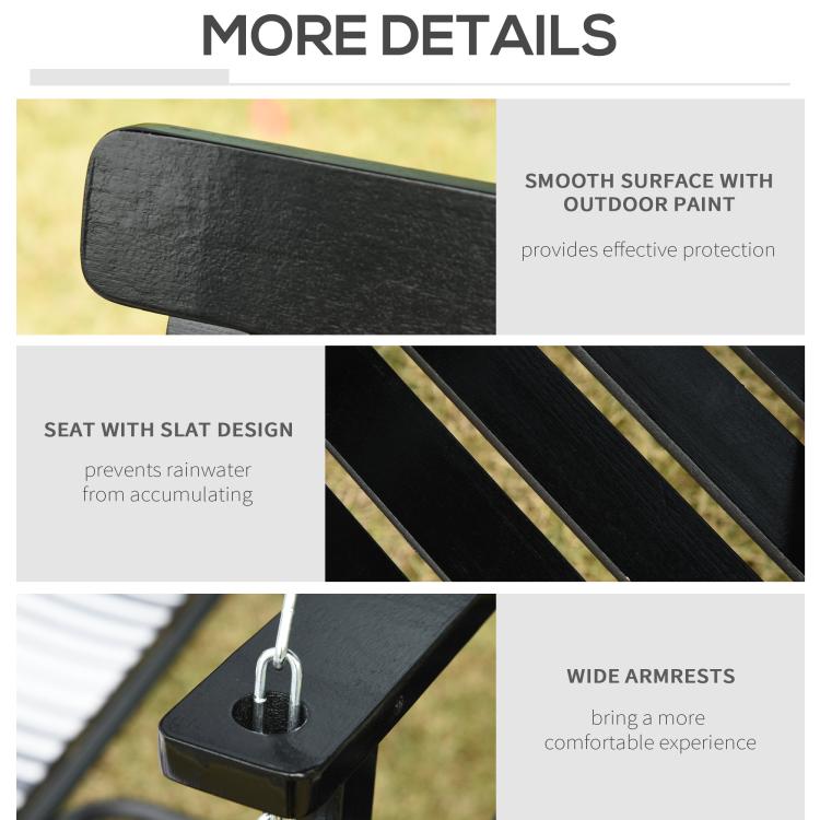 Black slatted porch swing seat with smooth painted frame, wide armrests detail