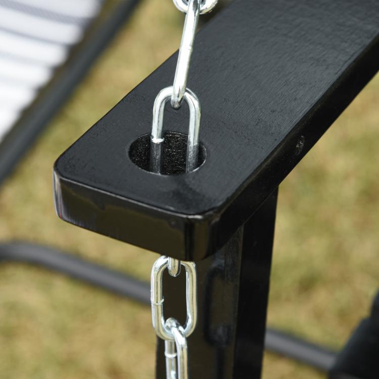 Black porch swing frame with metal chain links and hanging hook, close-up detail