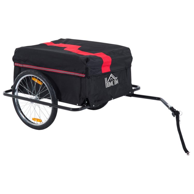 Two-wheel bicycle cargo trailer with black cover and red accents
