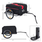 Bicycle cargo trailer with black cover and red stripe, side view with hitch